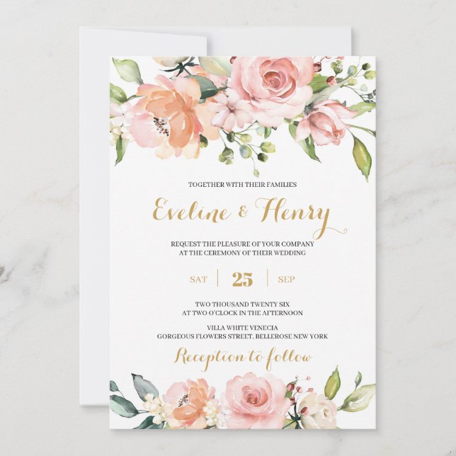 Blush pink and peach floral and gold boho wedding invitation (Front)