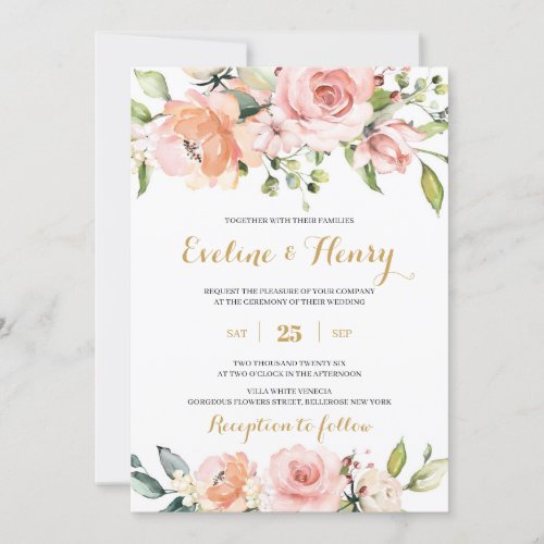 Blush pink and peach floral and gold boho wedding invitation