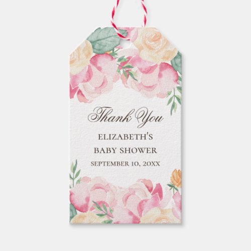 Blush pink and peach floral baby shower thank you gift tags