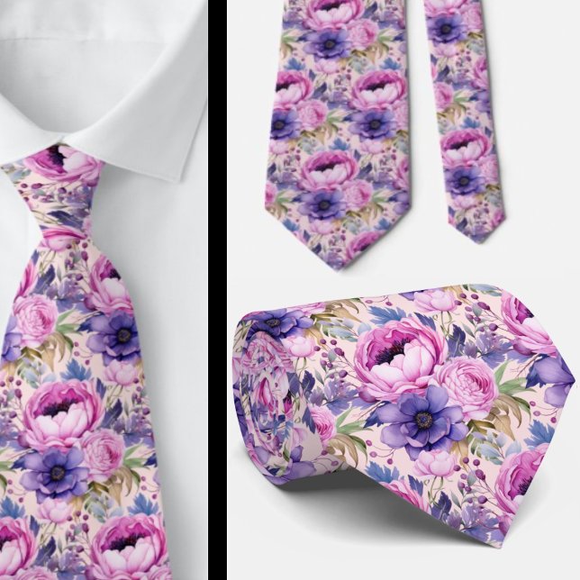 Blush Pink and Purple Violet Flowers Floral Neck Tie (Creator Uploaded)