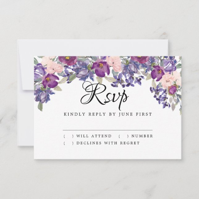 Blush Pink and Purple Wedding Response RSVP Card (Front)