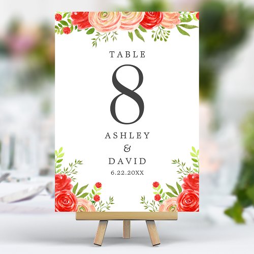 Blush Pink And Red Floral Elegant Wedding Table Number