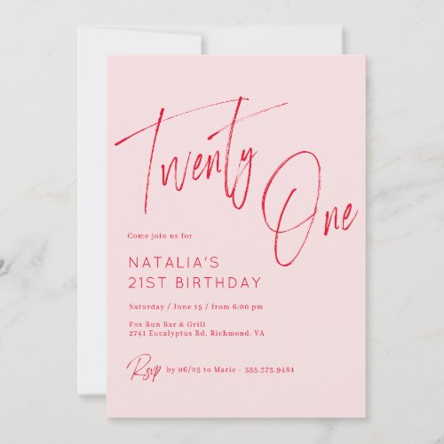 Blush Pink and Red Script  Girly 21st Birthday Invitation