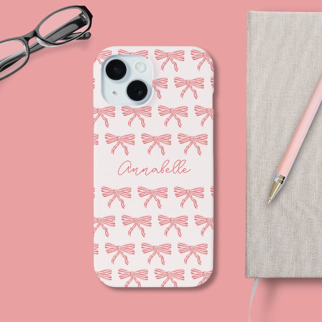 Blush pink and red striped bows coquette Case-Mate iPhone case (Blush Pink bow phone case with script name.)