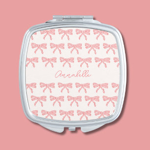 Blush pink and red striped bows coquette compact mirror