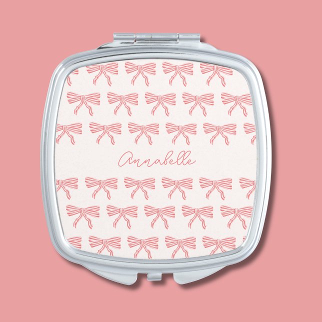 Blush pink and red striped bows coquette compact mirror (Girls blush pink coquette striped bow compact mirror with script first name. )