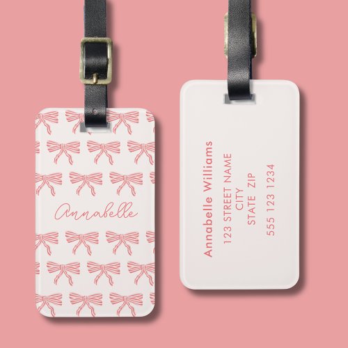 Blush pink and red striped bows coquette luggage tag