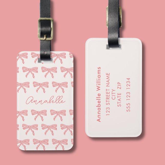Blush pink and red striped bows coquette luggage tag (Girls blush pink coquette striped bow luggage tag with script first name. Address to reverse.)