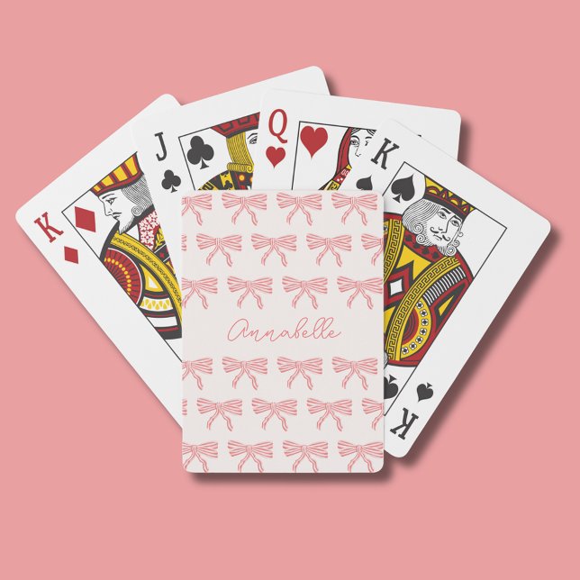 Blush pink and red striped bows coquette poker cards (Girls blush pink coquette striped bow playing cards with script first name. Address to reverse.)