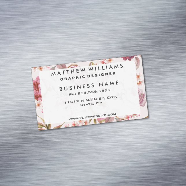Blush Pink and Red Watercolor Floral Roses Magnetic Business Card (In Situ)