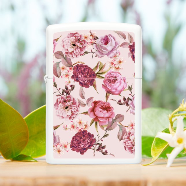 Blush Pink and Red Watercolor Floral Roses Zippo Lighter | Zazzle