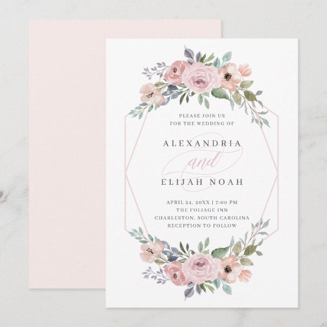 Blush Pink and Rose Geometric Floral | Wedding Invitation (Front/Back)