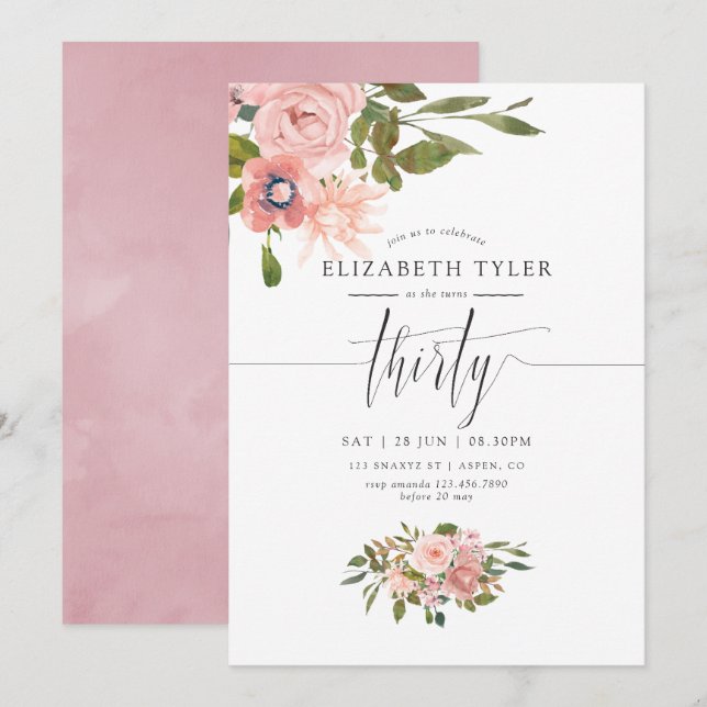 Blush Pink and Rose Gold 30th Birthday Party Invitation (Front/Back)