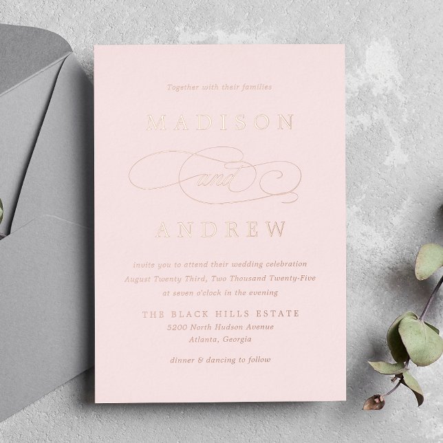Blush Pink and Rose Gold Calligraphy Wedding Foil Invitation (Creator Uploaded)