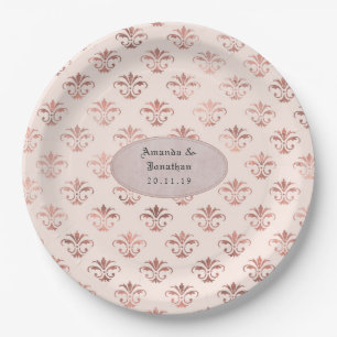 Blush Pink and Rose Gold Damask Foil Wedding Paper Plates
