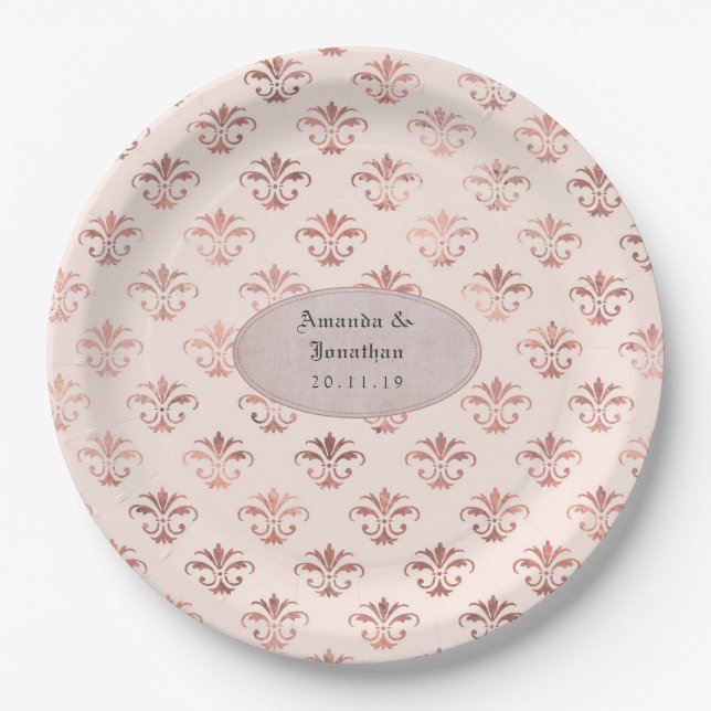 Blush Pink and Rose Gold Damask Foil Wedding Paper Plates (Front)