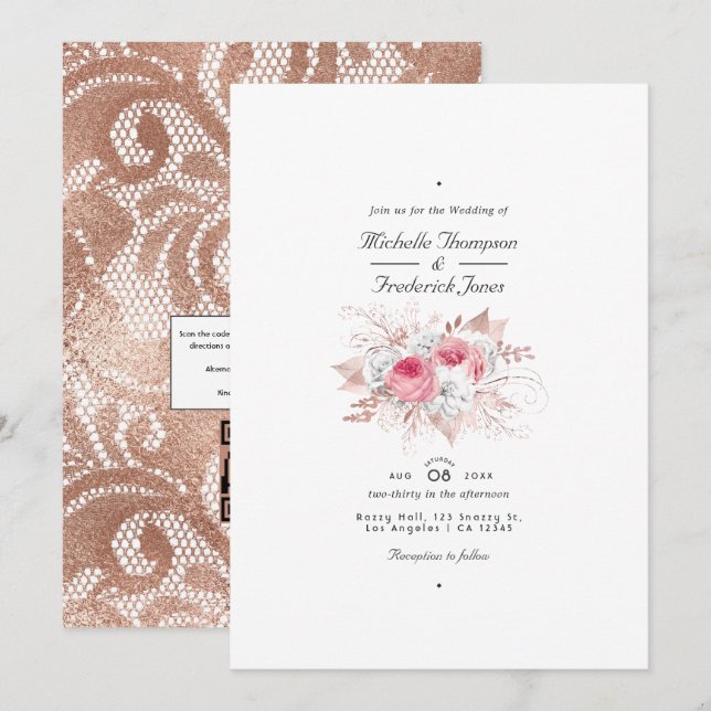 Blush Pink and Rose Gold Floral and Lace Wedding Invitation (Front/Back)