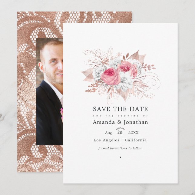 Blush Pink and Rose Gold Floral and Lace Wedding Save The Date (Front/Back)
