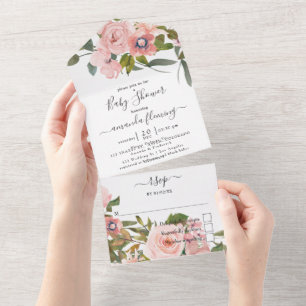 Blush Pink and Rose Gold Floral Baby Shower All In All In One Invitation