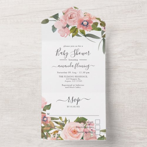 Blush Pink and Rose Gold Floral Baby Shower All In One Invitation