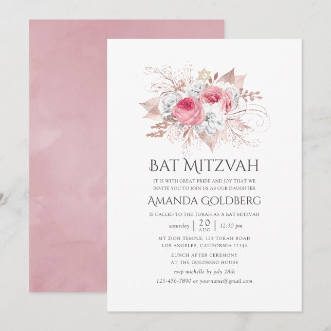 Blush Pink and Rose Gold Floral Bat Mitzvah Invitation (Front/Back)