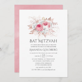 Blush Pink and Rose Gold Floral Bat Mitzvah Invitation