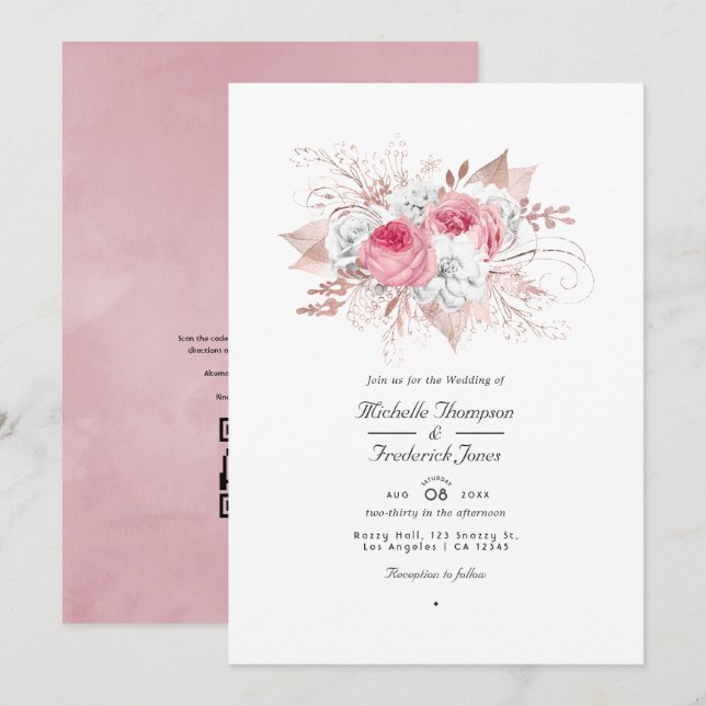 Blush Pink and Rose Gold Floral QR Code Wedding Invitation (Front/Back)