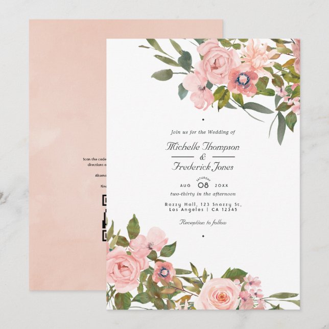 Blush Pink and Rose Gold Floral QR Code Wedding Invitation (Front/Back)