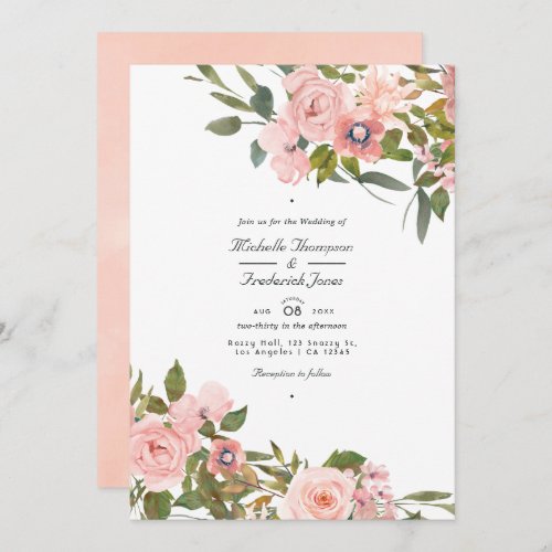 Blush Pink and Rose Gold Floral QR Code Wedding Invitation
