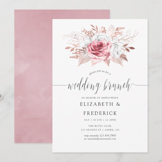 Blush Pink and Rose Gold Floral Wedding Brunch Invitation (Front/Back)