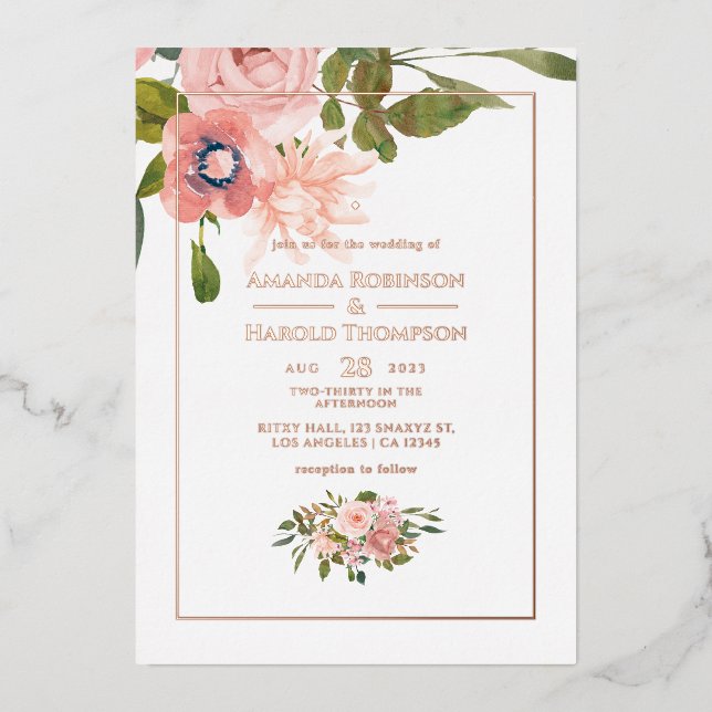 Blush Pink and Rose Gold Floral Wedding Foil Invitation (Front)