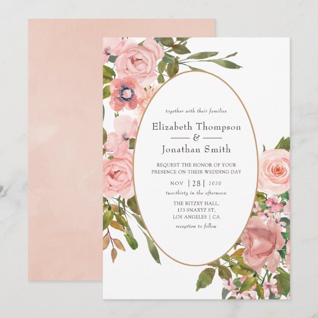 Blush Pink and Rose Gold Floral Wedding Invitation (Front/Back)