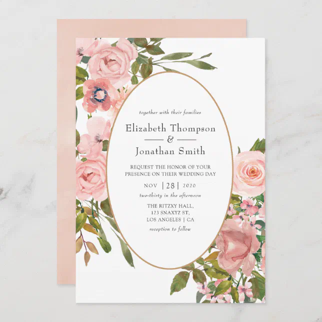 Blush Pink and Rose Gold Floral Wedding Invitation | Zazzle