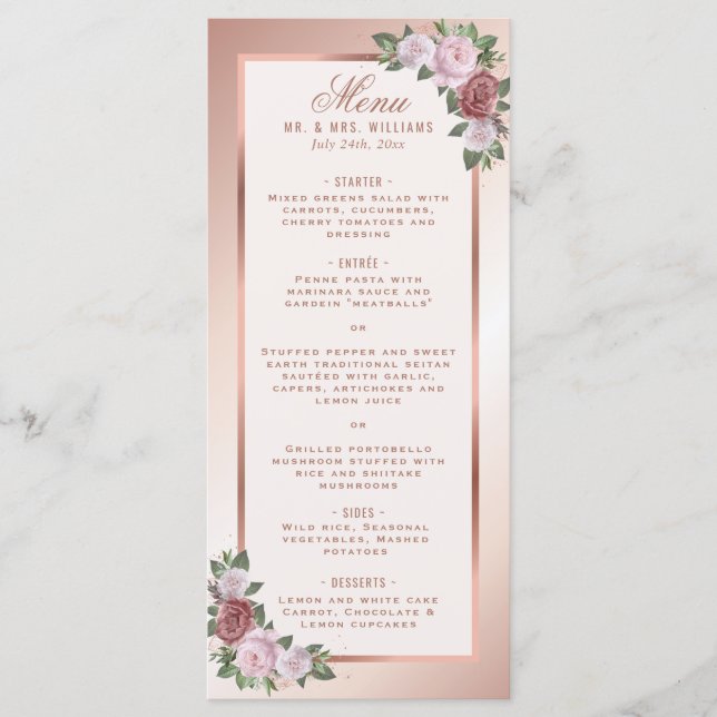 Blush Pink and Rose Gold Floral Wedding Menu (Front)