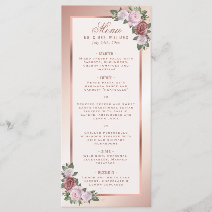 Blush Pink and Rose Gold Floral Wedding Menu