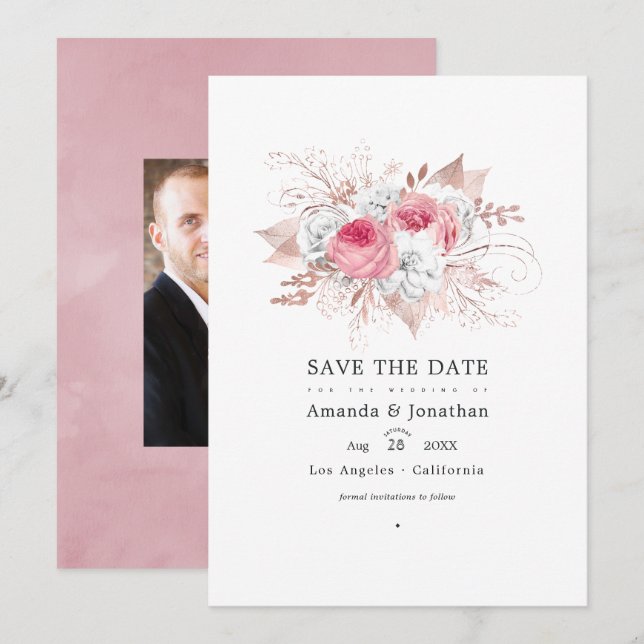 Blush Pink and Rose Gold Floral Wedding Save The Date (Front/Back)