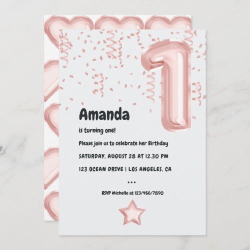 Blush Pink and Rose Gold Foil Balloon 1st Birthday Invitation