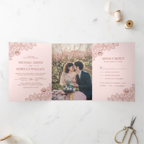 Blush Pink and Rose Gold Lace Wedding Photo Tri_Fold Invitation
