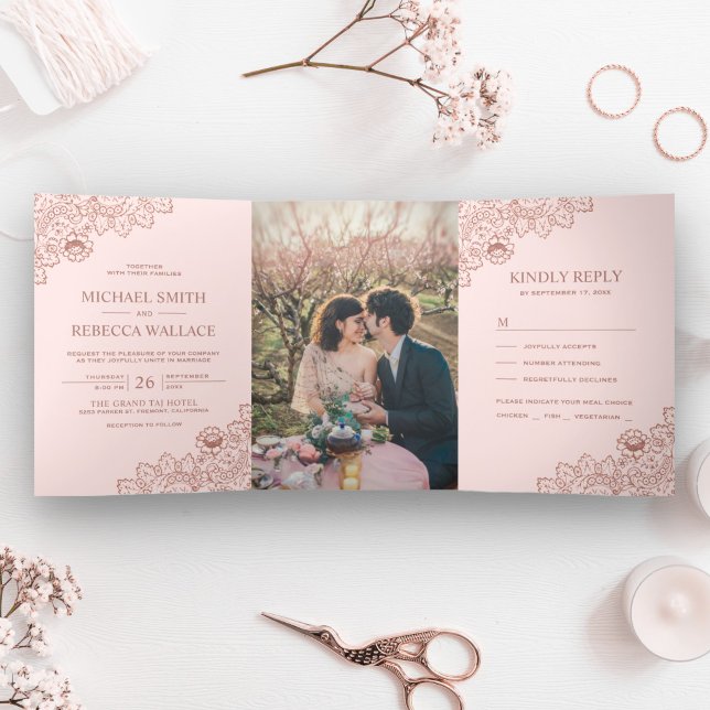 Blush Pink and Rose Gold Lace Wedding Photo Tri-Fold Invitation (Creator Uploaded)