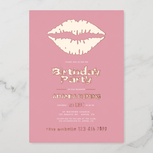Blush Pink and Rose Gold Lips Birthday Foil Invitation