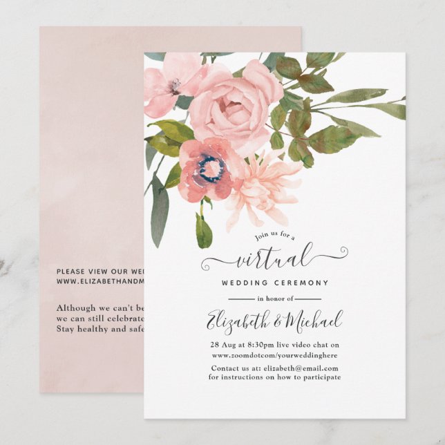 Blush Pink and Rose Gold Online Virtual Wedding Invitation (Front/Back)