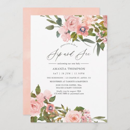 Blush Pink and Rose Gold Roses Sip and See Invitation