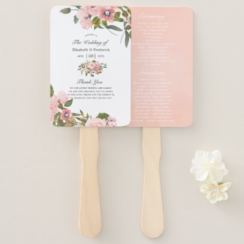 Blush Pink and Rose Gold Roses Wedding Program Hand Fan