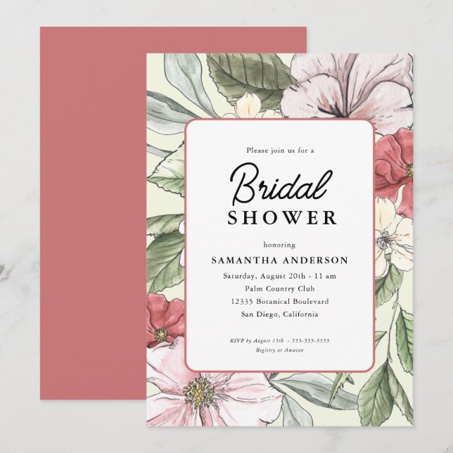 Blush Pink and Sage Fall Flowers Bridal Shower Invitation (Front/Back)