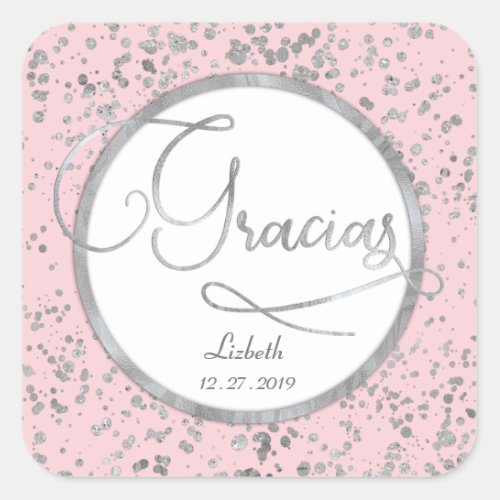 Blush Pink and Silver Confetti Trendy Gracias Square Sticker