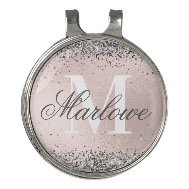 Blush Pink and Silver Glitter Monogram Golf Hat Clip (Front)