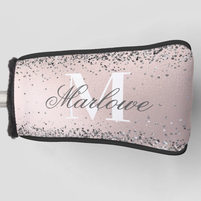 Blush Pink and Silver Glitter Monogram Golf Head Cover (Front)