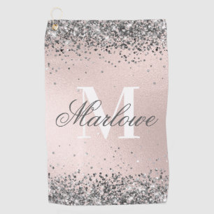 Blush Pink and Silver Glitter Monogram Golf Towel