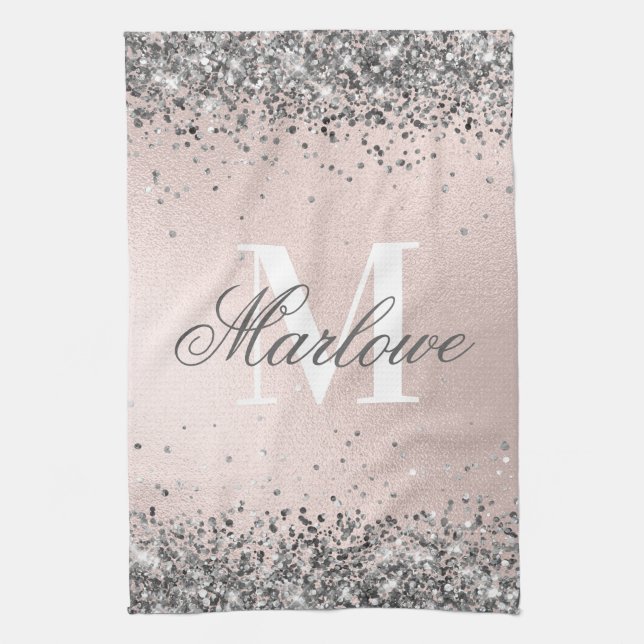 Blush Pink and Silver Glitter Monogram Kitchen Towel (Vertical)