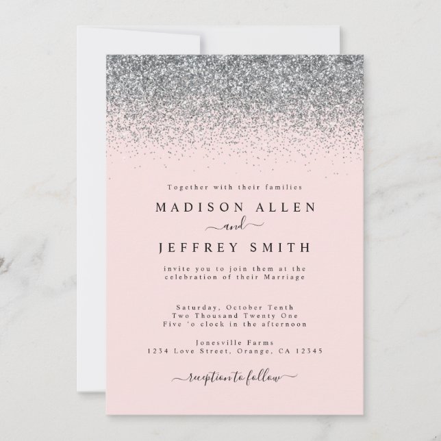 Blush Pink and Silver Glitter Wedding Invitation (Front)